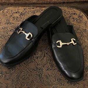 Old Navy Black Leather Mules with Gold Bit Buckle
